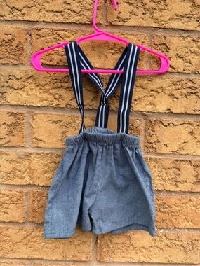 10/$25 • So Dorable  Blue Chambray Shorts with Navy Striped Suspenders